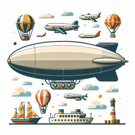 Airship and different types of transport. Vector illustration in flat styleのイラスト素材