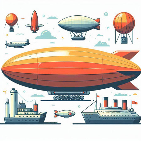 Airship and other air transport. Vector illustration in cartoon style.のイラスト素材