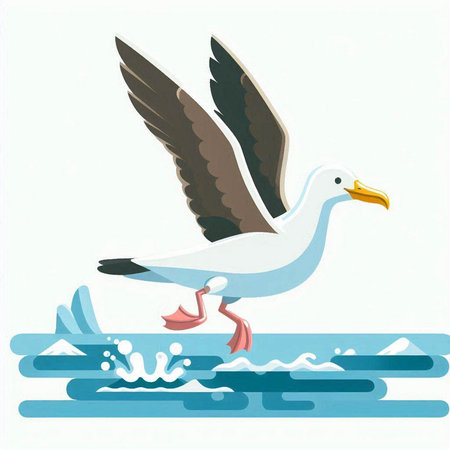 Flying seagull on the water. Vector illustration of a seagull.のイラスト素材