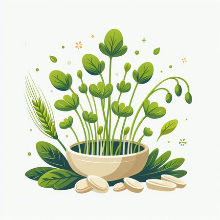 Vector illustration of microgreens in a bowl with grains and seedsのイラスト素材