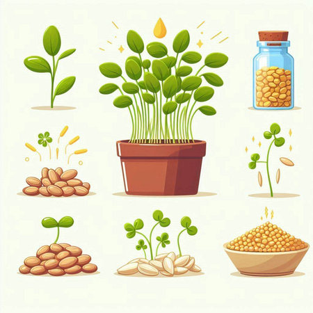 Sprouted seeds in a pot. Vector illustration of sprouting seeds.のイラスト素材