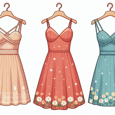 Women's dresses on hangers isolated on white background. Vector illustration.のイラスト素材