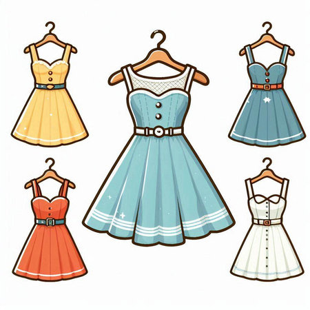 Vector set of cute dresses on hangers isolated on white background.のイラスト素材