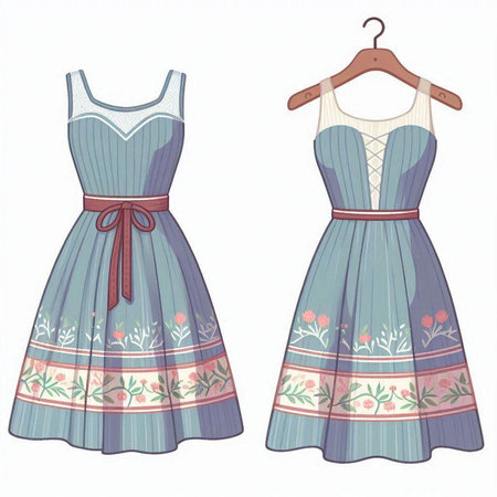 Dress with floral pattern on a hanger. Vector illustration.のイラスト素材