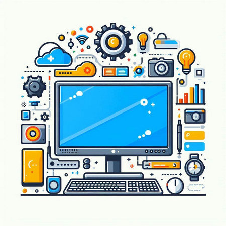 Computer and technology concept. Vector illustration in line art style for web design.のイラスト素材