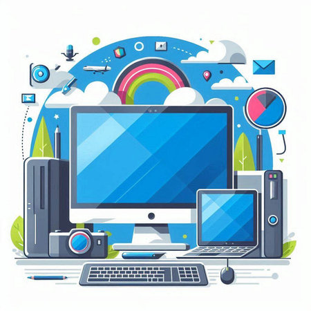 Vector illustration of computer, laptop, tablet, phone, camera and cloud computing concept.のイラスト素材