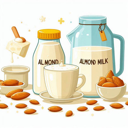 Almond milk and milk in a glass jar. Vector illustration.のイラスト素材
