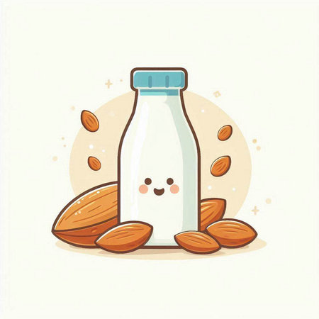 Almond milk bottle with almond nuts. Cute cartoon vector illustration.のイラスト素材