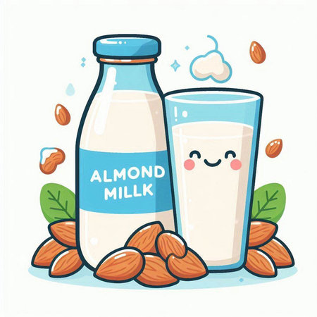 Almond milk in bottle and glass with nuts. Vector illustration.のイラスト素材