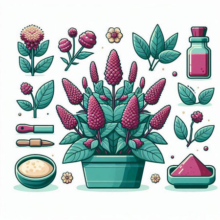 Illustration of a flower in a pot, with different cosmetic products on the backgroundのイラスト素材