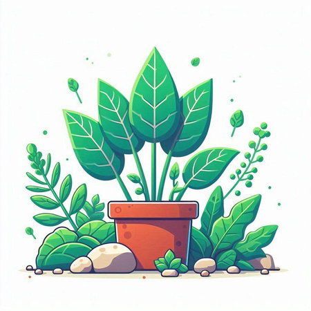 Illustration of a green plant in a pot on a white backgroundのイラスト素材