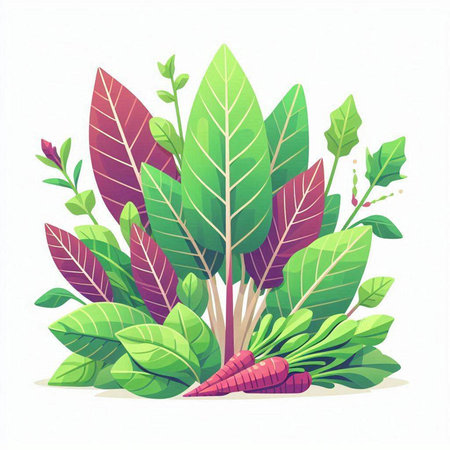 Vector illustration of green leaves and red carrot. Isolated on white background.のイラスト素材