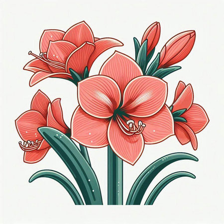 Red Amaryllis flowers on white background. Vector illustration.のイラスト素材