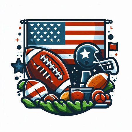 American football emblem with american flag, ball, helmet and starsのイラスト素材