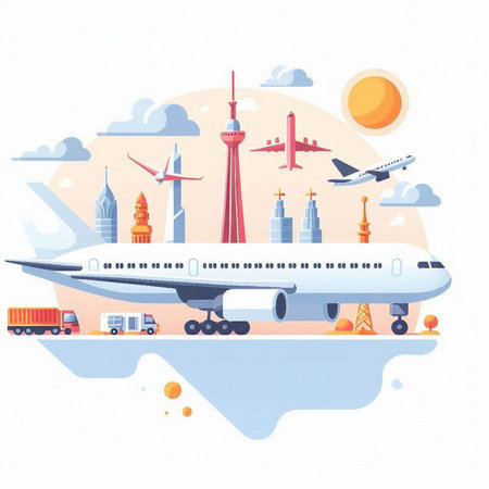 Airplane on the background of the city. Vector illustration in flat styleのイラスト素材