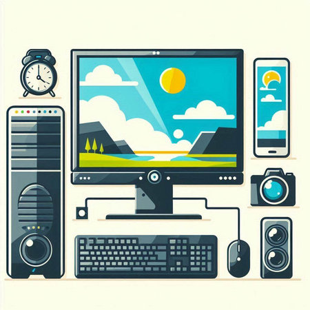 Computer monitor, keyboard, mouse and other elements. Vector illustration.のイラスト素材