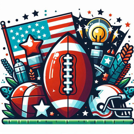 American football sport vector illustration. American football ball with american flag, stars and other symbols.のイラスト素材