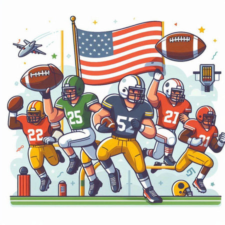 American football players with american flag. Vector illustration in cartoon style.のイラスト素材