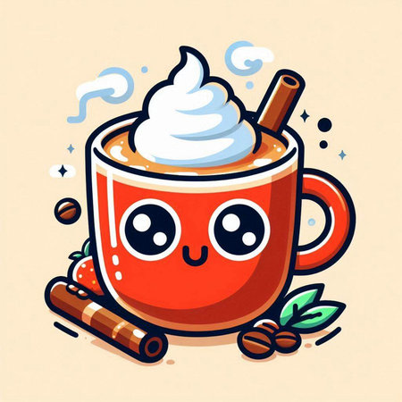 Cute cup of coffee with whipped cream and cinnamon. Vector illustration.のイラスト素材