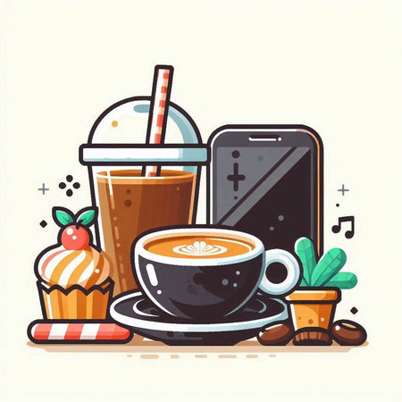 Coffee cup, mobile phone, cake and cupcake. Vector illustration.のイラスト素材