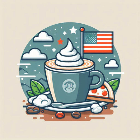 Cup of coffee with whipped cream and american flag. Vector illustration.のイラスト素材