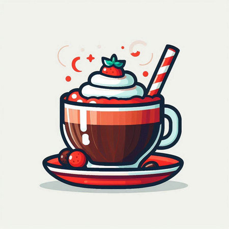 Cup of coffee with whipped cream and strawberries. Vector illustration.のイラスト素材