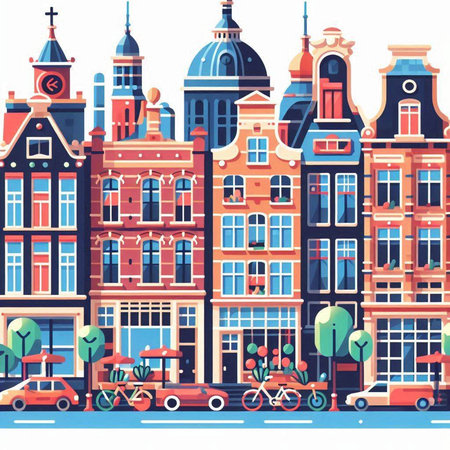 Amsterdam cityscape with old houses, bicycles and cars. Vector illustration.のイラスト素材