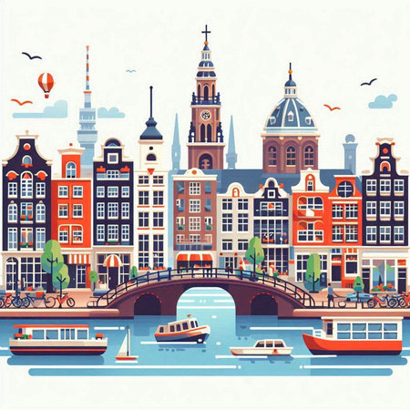 Amsterdam cityscape with canal, bridge and boats. Vector illustration.のイラスト素材