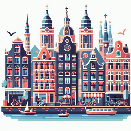 Amsterdam cityscape, Holland, Netherlands, Europe. Vector illustrationのイラスト素材