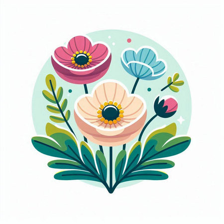 Flower vector illustration in flat style. Floral round icon.のイラスト素材