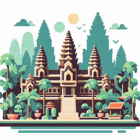Vector illustration of ancient temple in flat style. Landmarks of Thailand.のイラスト素材