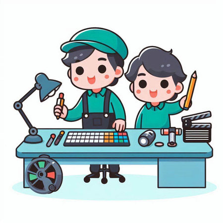 Man and woman working at the computer. Hand drawn style vector illustration.のイラスト素材