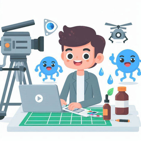 Cute boy with laptop, video camera and various icons. Vector illustrationのイラスト素材
