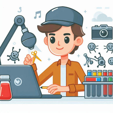 Vector illustration of a young man working on his laptop in the officeのイラスト素材