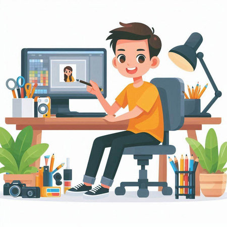 Teenage boy using tablet and laptop at home. Vector illustration.のイラスト素材
