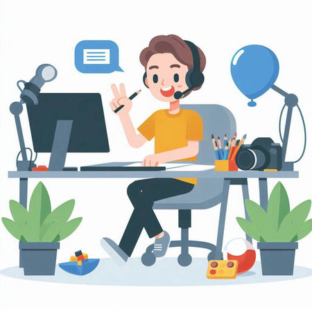 Illustration of a man working at home with a headset and a computerのイラスト素材