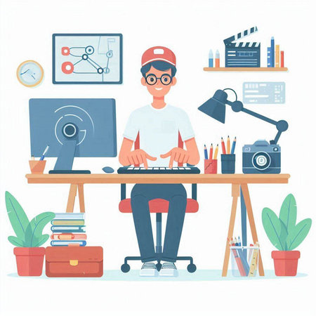 Man working on computer at home. Vector illustration in flat style.のイラスト素材