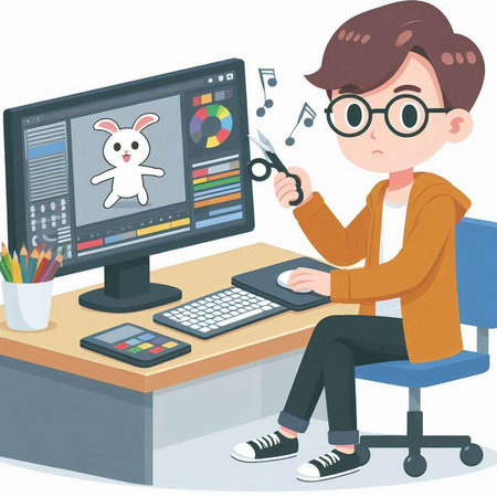 Illustration of a Teenage Boy Sitting in Front of a Computer While Holding a Scissorsのイラスト素材