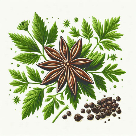 Anise star and spices on a white background. Vector illustration.のイラスト素材