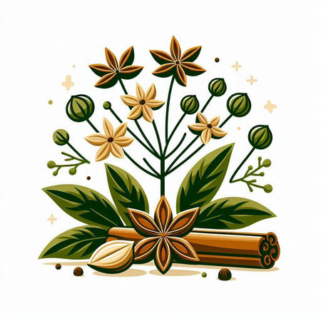 Illustration of cinnamon and star anise with leaves and cinnamon sticksのイラスト素材