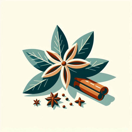 Cinnamon sticks, star anise and green leaves. Vector illustration.のイラスト素材
