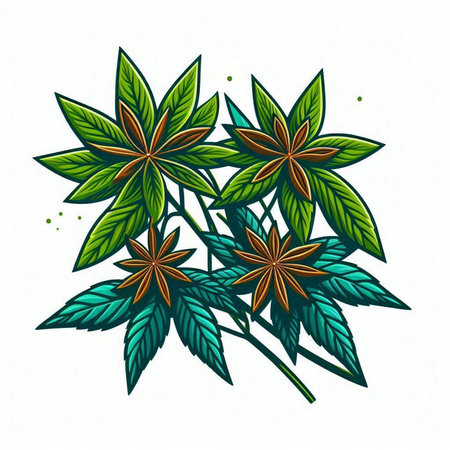 Vector illustration of Star anise flowers and leaves. Isolated on white background.のイラスト素材