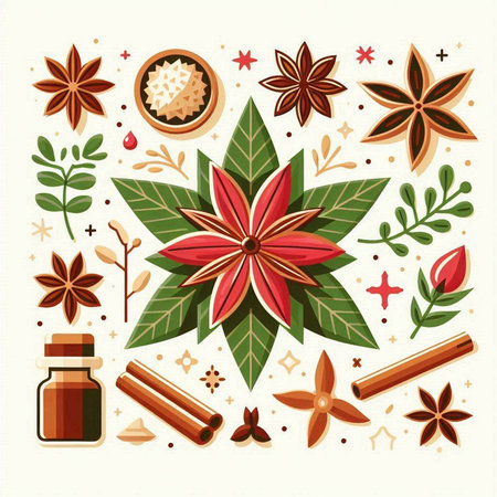 Spices and herbs vector set. Vector illustration of anise, cinnamon, cloves, star anise, cloves.のイラスト素材