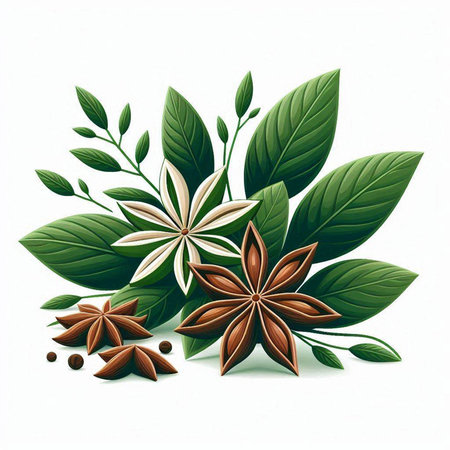 Illustration of anise, cinnamon and leaves on a white backgroundのイラスト素材