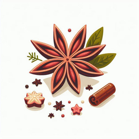Cinnamon, star anise, cinnamon sticks and cloves. Vector illustration.のイラスト素材