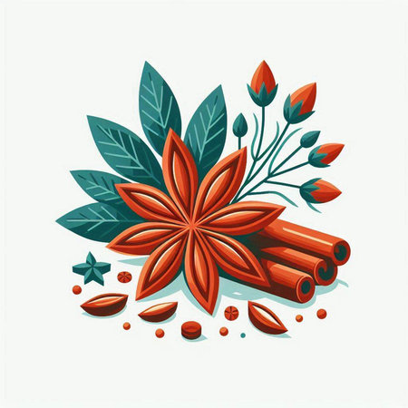 Cinnamon, star anise, cloves and leaves. Vector illustration.のイラスト素材