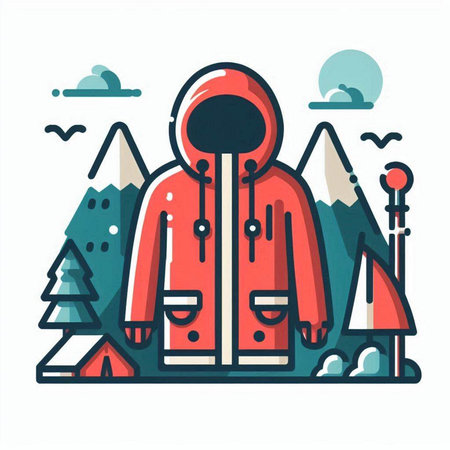 Winter jacket with hood on the background of mountains. Vector illustration.のイラスト素材