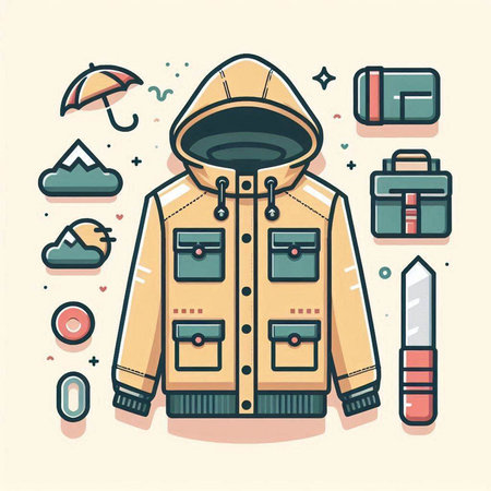 Vector illustration of a winter jacket and travel accessories in flat style.のイラスト素材