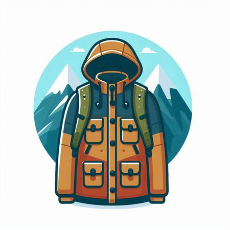 Winter jacket with hood on mountains background. Vector illustration in flat styleのイラスト素材