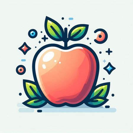 Vector illustration of red apple with green leaves and stars on white background.のイラスト素材